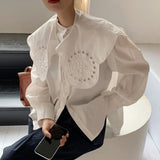 Korean Fashion Straight Shirt For Women Round Neck Puff Sleeve Solid Cut Out Blouses Female Spring Clothing