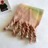 Women's Korean Hand Knotted Tassel Cashmere Printed Scarf Gradient Color Block Warm Winter Scarf