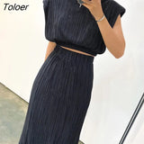 Pleated Elegant Skirt Sets O-Neck Shoulder Pads Tank Top Summer Outfit Elastic Waist Trumpet Long Skirts Women Suits