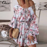 Bohemian Women Floral Printed Dress 2022 Celmia Summer Lace Up V Neck Beach Party Mini Vestidos Elegant Flared Sleeve