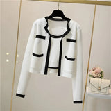 Winter Fashion Korean Knit Set Women Casual Loose Long Sleeve Cardigan+Sleeveless Slim Strap Tops Two Piece