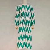TWOTWINSTYLE Colorblock Wave Striped Dress For Women Round Neck Long Lantern Sleeve Lace Up Dresses Female Spring Clothing