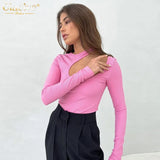 Sexy Blue Knit Women T-Shirts Bodycon O-Neck Long Sleeve T Shirt Streetwear Fashion Slim Hollow Out Tops Female