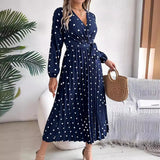 Shooting 2025 Autumn And Winter Elegant Bump Color Wave Point Cross V Collar 100-Fold Long Dress Women's