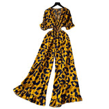 Dress Holiday Wear Chic Light Leisure V Collar Short Sleeves Tight Waist High Waist Thin Leg Print Jump