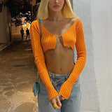2022 Knitted Long Sleeve Crop Top Women 2022 V-Neck Open Front Sexy Woman T-Shirts Club Party Y2K Top Spring Autumn Cropped