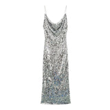 Silver Sequin Cowl Neck Midi Dress-Outfit