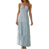 Long Dress Aesthetic Women Solid Color Tie-Up Halter Neck Sleeveless Backless Halter Dress Summer Casual Beach Party