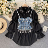 2023 New Blouse Women's Diamond Beaded Puff Sleeve Blusa Top Tassel Pearl Sling Waistcoat Two-piece Sets Stacking