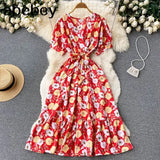 2022 Vintage Floral Print V Neck Bandage Dress Summer Midi Long Party Women High Waist Vestido De Festa Elegant