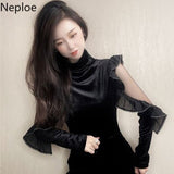 Sexy Hollow Out Blouse Women 2023 Korean Fashion Shirt Elegant Ruffles Velvet Blusas De Mujer Black Turtleneck