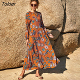 Boho Printed Dresses for Women 2023 Autumn Casual Long Sleeve Loose Swing Beach Dress High Waist Retro Maxi