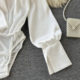 Women Bodysuit Long Sleeve V Neck Casual Solid White Shirts Tops Spring Sexy Fashion Streetwear Rompers Jumpsuits