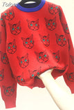 Quality Runway Designer Cat Print Knitted Sweaters Pullovers Women Autumn Winter Long Sleeve Harajuku Sweet