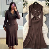 Fragrant Elegant Collar Long Sleeve Metal Buckle Waist Knitted Dress Autumn Thin Long