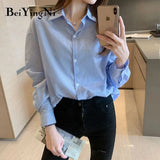 Women's Shirt Long Sleeve Oversized Blouses Casual Striped Cotton Preppy Harajuku Blusas Female Tops Fashion Blue