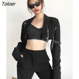 Women's Blazer Metal Chain Cropped Coat Blazer Jacket Vintage Aesthetics Bandage Black Ladies Office 90s Short