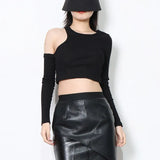 Casual Skinny Cut Out T Shirt For Women Round Neck Long Sleeve Solid Knitting T Shirts Female Summer Clothing