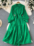 Embroidary Single Breasted Solid Dress 2022 Hollow Out Slim O Neck Long Sleeves Ladies A Line Summer Long