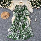 Retro Fashion Print Dress Women Loose Strap To The Waist Thin A Word Big Pendulum Long
