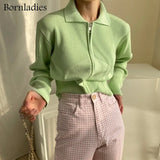 Korean Style Autumn Kintted Caidigans for Women Silm Waist Zipper Short Green Sweater Tops Chic Long Sleeve