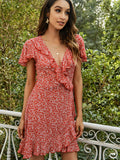 Floral Ruffled Flutter Sleeve Plunge