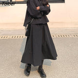 Women sets Black Skirt and Tops 2 Piece Simple Leisure Single Breasted Long-sleeve Shirts Mid-calf Length A-line Skirts