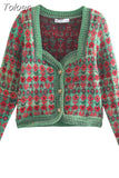 Winter Single-Breasted Long-Sleeve Sweater French Vintage Square Collar Jacquard Knitted Cardigan Jacket Women