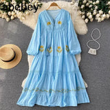 Women Summer Bohemian Casual Loose Midi Dresses Flower Embroidery White Color Zaful Boho Street Vestidos Elbise Traf