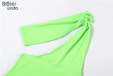 Sisterlinda Sexy Hollow Green Mini Dress Women One-Shoulder Sleeveless Side Split Backless Party Vacation Stretchy Skinny