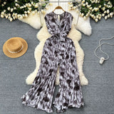 Ins Wear A Female Senior Sense Sleeveless V-Neck Tie Strap To The Belt Print Loose Broad Legs 100-Folded Jump-Fitting