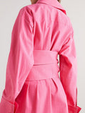 Fashion Women's Shirt Dress Lapel Single Breasted Long Sleeve Metal Buckle Belt Pink Mini Dresses Summer 2023 New