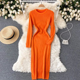 Women Autumn Knitted Dress Long Sleeve O Neck Elastic Slim Pencil Dress Korean Style Sexy Bodycon Sweater