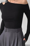Fashion Women's Knitted Pullover Oblique Collar Long Sleeve Off Shoulder Hollow Out Sweater Female Autumn 2023 New
