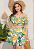 Sweet Off-the-shoulder Short Sleeves Floral Print Plus Size Two Piece Skirt