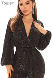 Women Sexy V Neck Sequins Long Sleeve Casual Belt Overalls Female High Waist Playsuit Elegant Ladies Party Club