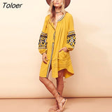 Elegant Women's Boho Dress O-Neck Single-Breasted Puff Sleeve Floral Embroidery Vintage Dresses Bohemian Beach