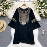 Embroidary Bohemian Women Dress Flare Sleeves Solid Retro O Neck 2022 Fashion Loose Ladies Midi