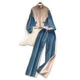Suit Women's Port Wind Casual Colliding Color Splicing Collar Zipper Fake Two-Piece High-Waisted Cowboy Broad Leg