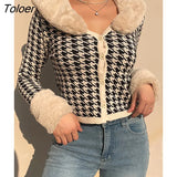 Vintage Fur Collar Women's Cardigan Knitted Winter Sweater Coats Korean Fashion Aesthetic Casual Streetwear