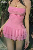 Y2k Coquette Tiered Skirt Drop Waist Dress Girls Summer Cutecore Pink Strapless Mini Dresses for Women 2023