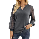Casual Long Sleeve Women Tshirts V Neck Lace Mesh Long Sleeve Tops Female Vintage Clothes Loose Tees Shirts Blusas