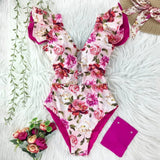 New Print Swimwear Deep V-Neck Ruffle Swimsuit Push Up One Piece Swimsuit Beach Wear Backless