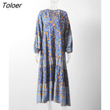 Blue Floral Printed Boho Dress V-neck Long Sleeve Cotton Autumn Dress Hippie Beach Boho Maxi Dress For Women