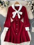 Fashion Bow Women Knitted Dress Contrast Long Sleeve Single Breasted Slim 2022 Autumn Elastic Streetwear A Line