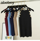 Women Soild Button Hollow Out Thin Knitted Tank Tops Female Girls Double Breasted Knit Sleeveless Sweater