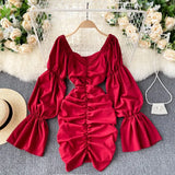 Elegant Solid Dress Women Ruched V Neck Flare Sleeve Slim Dresses Autumn Korean Fashion Streetwear Short