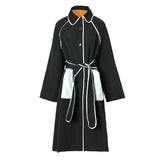 Women Black Pocket Color-block Big Size Trench New Lapel Long Sleeve Windbreaker Fashion Tide Spring Autumn 2023