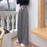 New Summer Checkerboard Plaid Wide Legged Women's Pants Spring Vintage High Waist Loose Lace Up Casual Trousers