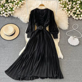 Red/Yellow/Black Embroidered Pleated Long Dress Vintage V-Neck Lantern Sleeve High Waist Draped Maxi Vestidos Female 2022